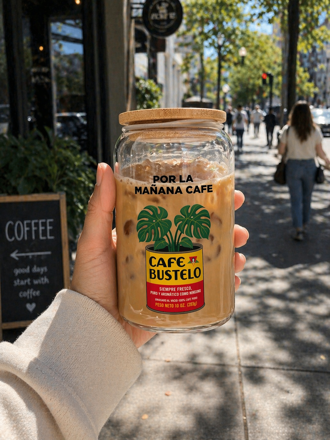 Por La Mañana Cafe Glass Can Cup with Bamboo Lid